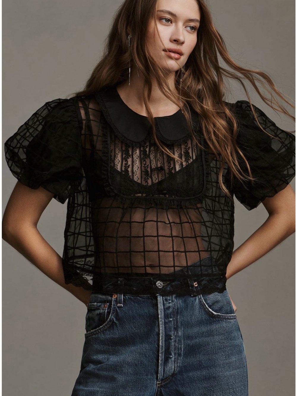 Anthropologie Black Sheer Grid Lace Puff-Sleeve Blouse
